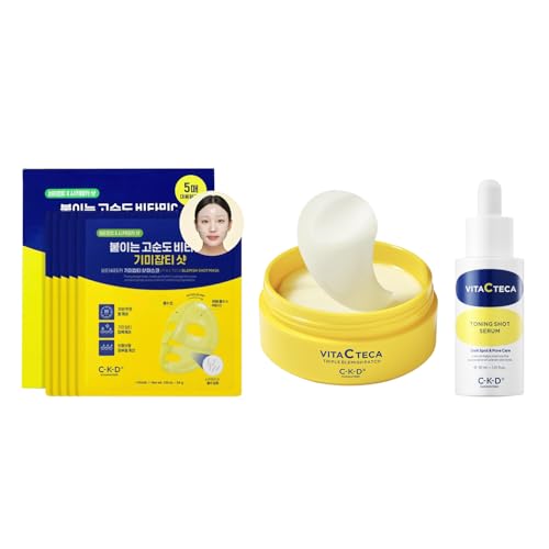 CKD Vitamin C + TECA Radient Skincare Bundle – Hydrogel Mask, Toning Serum & Under Eye Patches for Dark Spots, Blemishes & Uneven Skin Tone – Korean Skincare