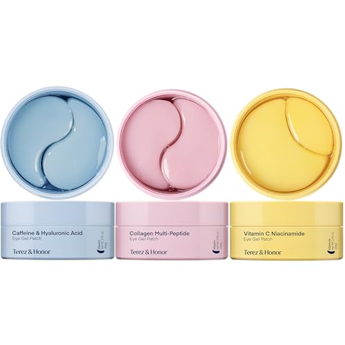 TEREZ & HONOR Eye Patches Gift Set – 3-Pack (x 60 Pcs) Korean Hydrogel Eye Masks with Caffeine, Collagen & Vitamin C – For Puffy Eyes, Dark Circles, Fine Lines, Wrinkles & Bags, Travel Case Included