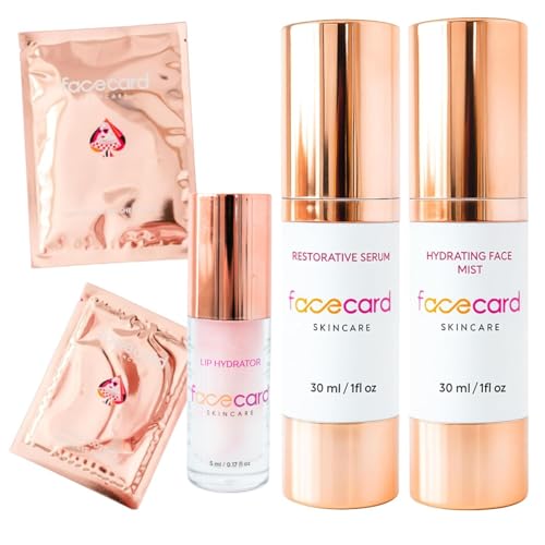 Facecard Facial Set Hydration Kit, Travel Friendly size Hydrating Skincare Set, Face Mist, Serum, Under Eye Patches, Sheet Mask, Lip Balm Vegan & Cruelty-Free