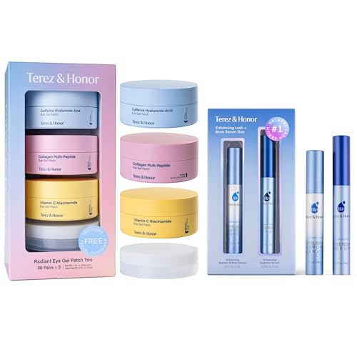 TEREZ & HONOR Eye Patches and Lash Brow Serum Gift Set – Korean Beauty Caffeine, Collagen & Vitamin C Eye Masks 60 Pcs x 3 + Lash & Brow Serum Duo Set for Your Eye Care