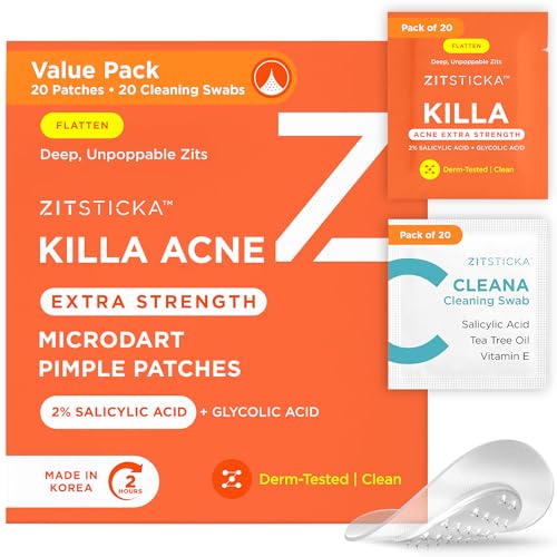 ZitSticka Extra Strength Killa Acne Patches for Face – World’s Most Potent Pimple Patch with Fast-Acting Microdarts – Starts Working within 2 Hours for Deep, Early-Stage Zits & Blemish – 20 Count